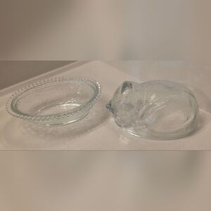 Clear Glass Decorative Bowl and Cat Figurine Set